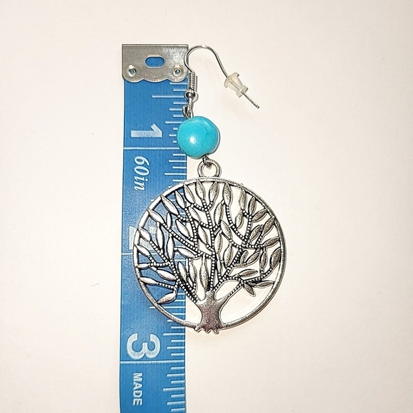 TREE OF LIFE EARRINGS - FAUX TURQUOISE SILVERTONE - Picture 2 of 4